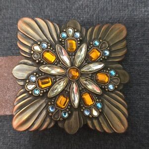 Vintage Fossil leather statement belt with floral rhinestone buckle, Turquoise